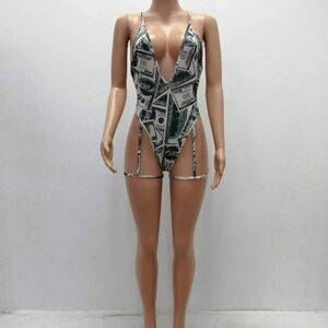 Money Print One-Piece Swimsuit Bodysuit size large